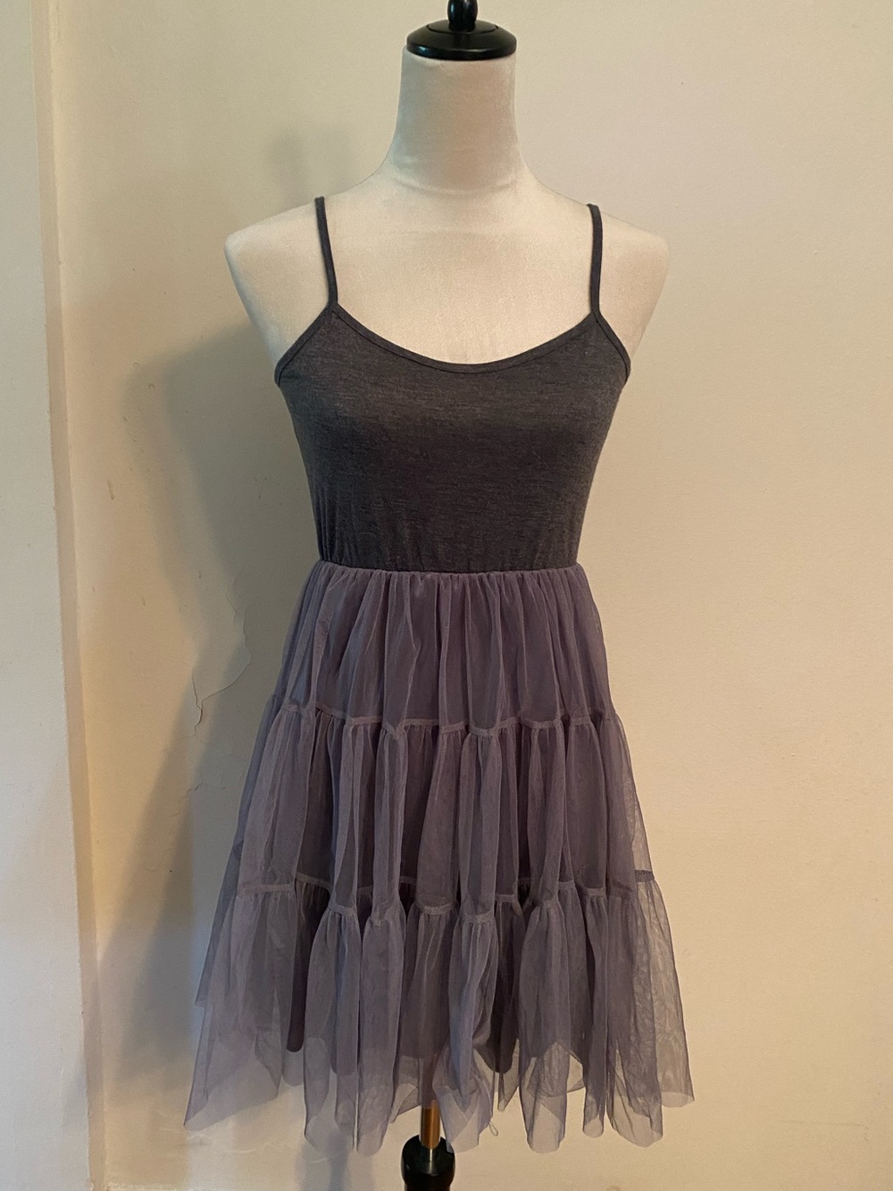 Grey Spaghetti Strap Dress with Tiered Tulle Skirt